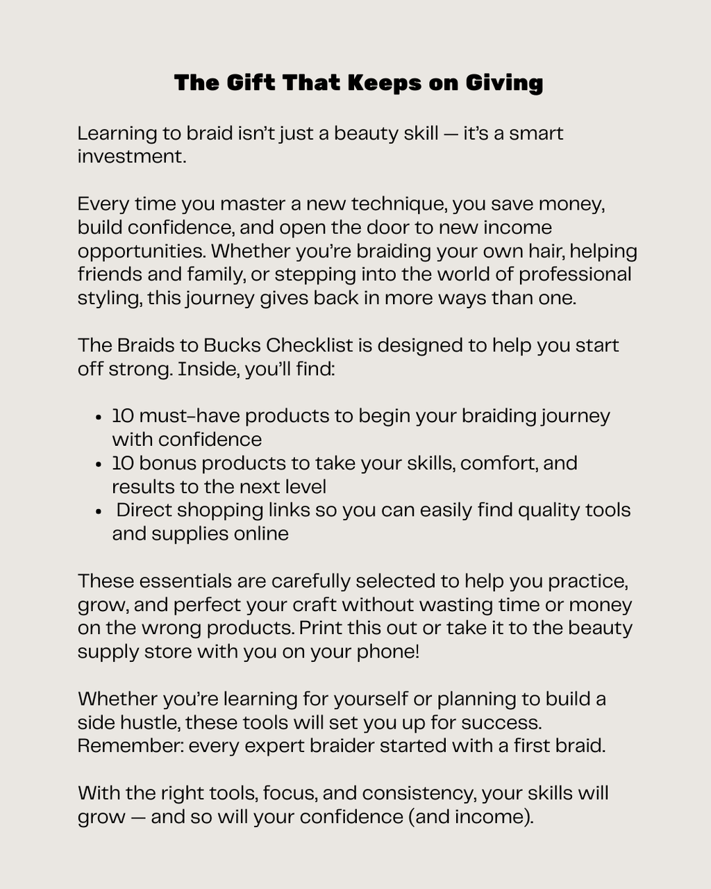 Braids to Bucks Checklist