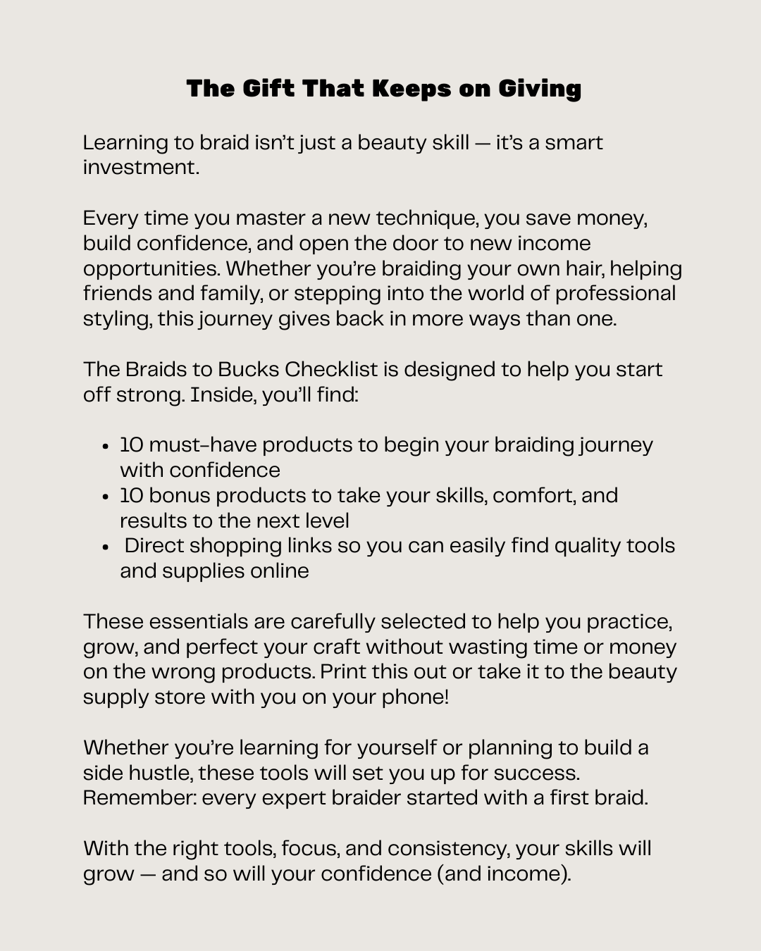 Braids to Bucks Checklist